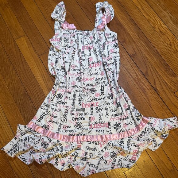 vintage script graphic diva mini dress with satin pink bows and ruffle accent. - Picture 7 of 7
